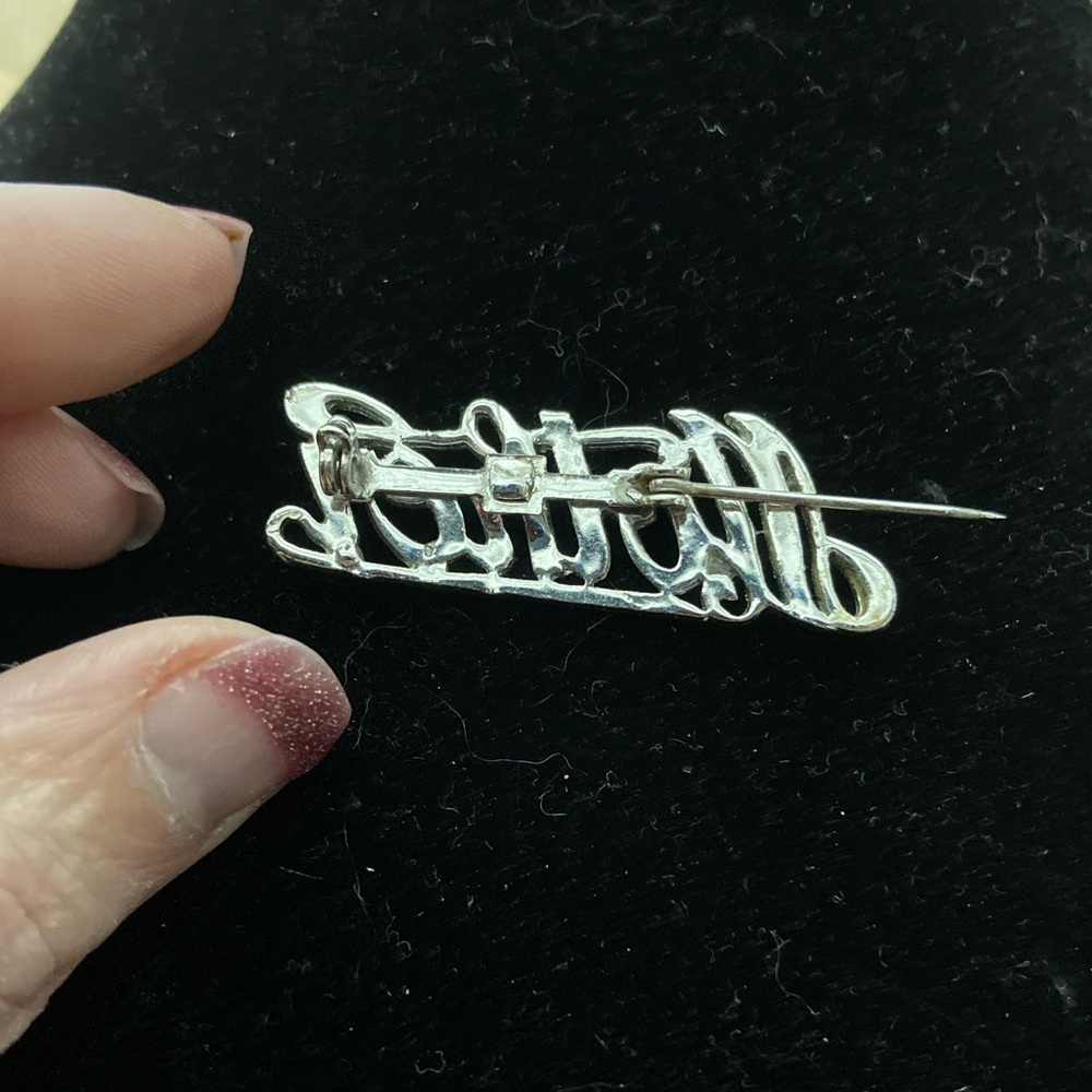 Silver Tone Cursive Mother Script Rhinestone Brooch - Picture 3 of 4